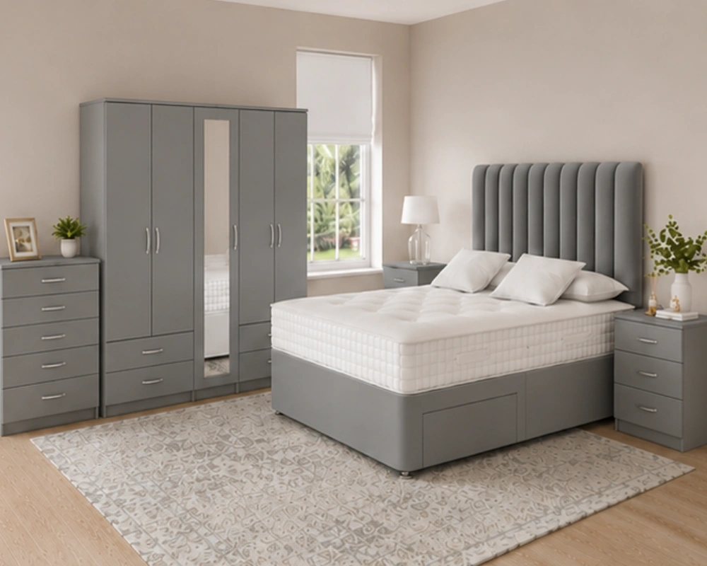 Modern Luxury Double Bed Set – Five Door Wardrobe Featuring Full Length Mirror, Four Bottom Drawers, Chest of Five Drawers & 2 Bed Side Tables