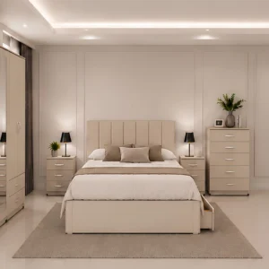 Elegant Bedroom Suite – Double Bed with 5 Door Wardrobe, Full Length Mirror, Four Drawers & Five Drawer Chest