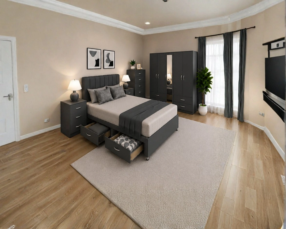 Luxury Double Bed Furniture Set – Five Door Wardrobe with Four Bottom Drawers – Chest of Five Drawers with Two Bedside Tables - Image 4
