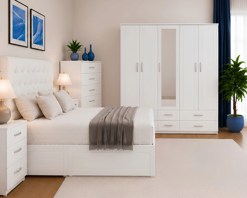 Luxury Bedroom Furniture Set – Double Bed with 5 Door Full Mirror Wardrobe, 4 Bottom Drawers, 5 Drawer Chest & 2 Bed Side Tables - Image 2