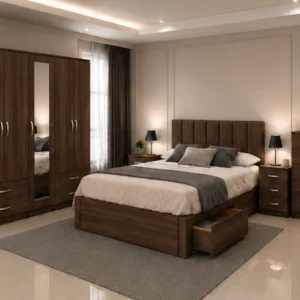 Modern Complete Bedroom Set – Double Bed with 5 Door Wardrobe, Full Length Mirror, Four Bottom Drawers, Five Drawer Chest & Two Bed Side Tables