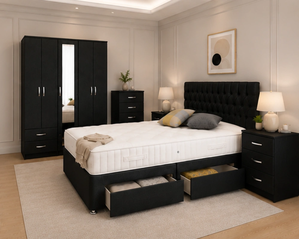 Luxury Double Bed Set with Five Door Full Length Mirror Wardrobe, Four Bottom Drawers, Five Drawer Chest & Two Bed Side Tables - Image 3