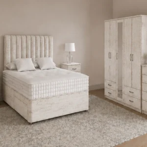 Designer Bedroom Furniture Set – Double Bed, 5 Door Wardrobe with Full Length Mirror, Four Drawers, Chest of Five Drawers & Bed Side Tables