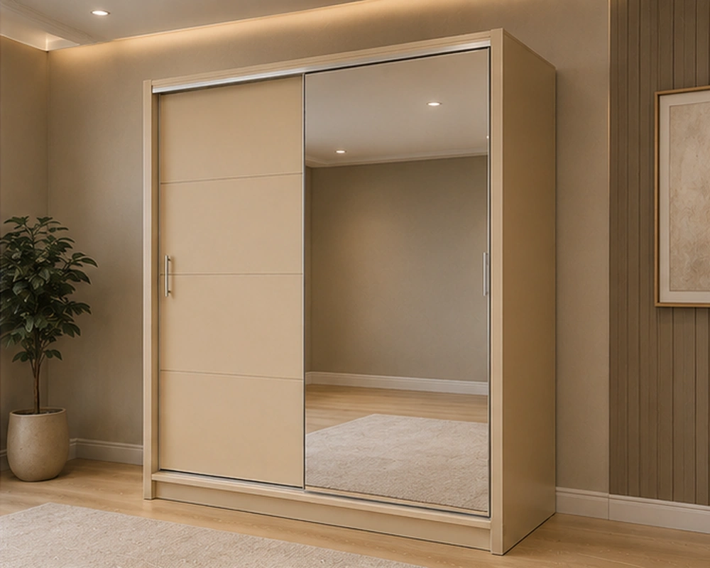 Modern Sliding Wardrobe with Full-Length Mirror – Elegant & Spacious Bedroom Storage Cabinet with 2 Smooth Sliding Doors, Hanging Rails and Multiple Shelves - Image 2