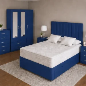 Complete Blue Double Bed Set - three Door Wardrobe With Four Drawer - Chest of Five Drawers With Two Bed Side Table