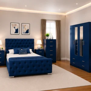 Luxury Bedroom Interior Furniture Package With Four Door Wardrobe With Two Mirror - Chest of Five Drawers With Two Bed Side Table