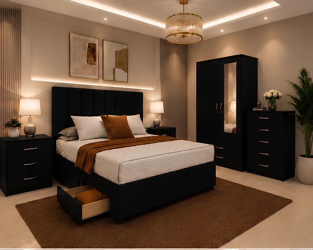 Premium Double Bedroom Collection - Two Door Mirror Wardrobe With Bottom Drawer - Chest of Five Drawers - Two Bedside Tables - Image 4