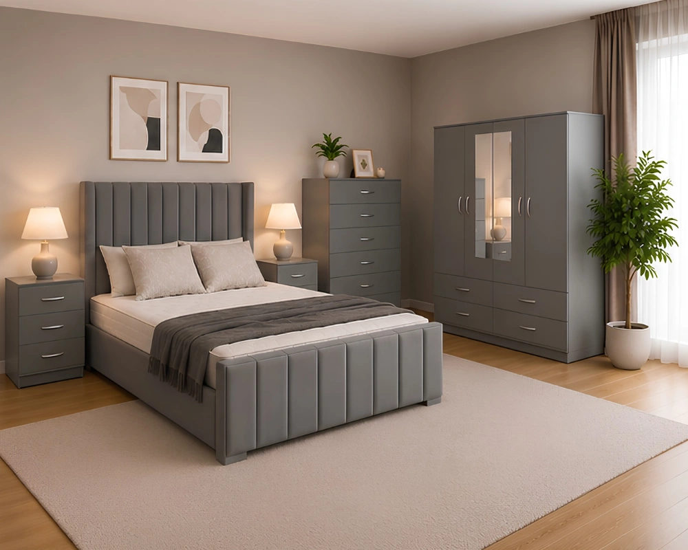 Modern Bedroom Furniture Set - King Size Bed - 4 Door Mirror Wardrobe With Bottom Drawers - Five Drawer Chest - Two Bedside Tables - Image 2