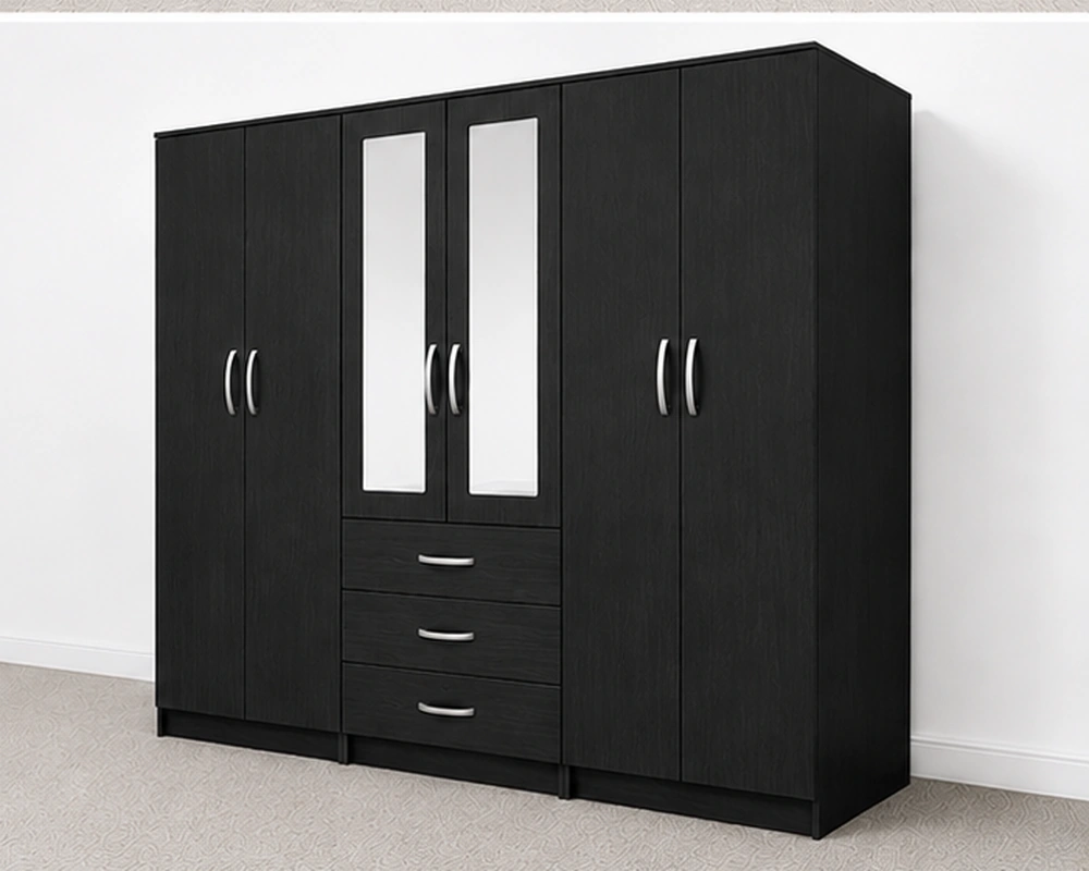 6 Door Black Wardrobe with 3 Drawers & Double Mirrors – Modern Bedroom Storage Cabinet - Image 3
