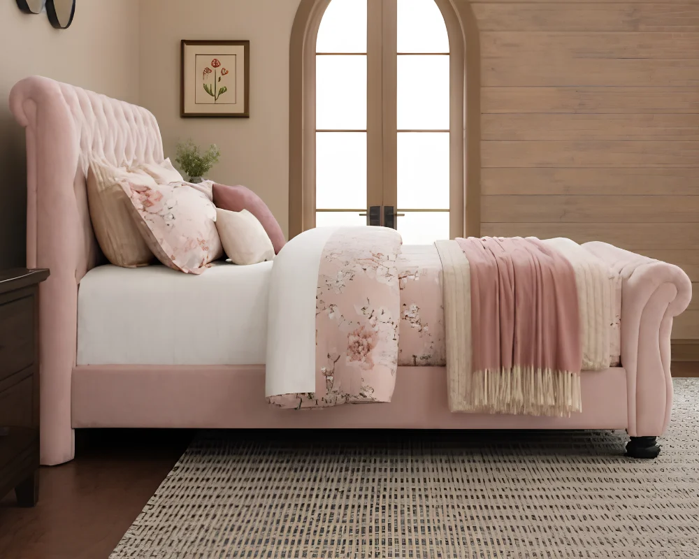 Classic Soft Pink Luxury Sleigh Bed Frame - Double 4ft6 Velvet Bed with mattress - Image 3
