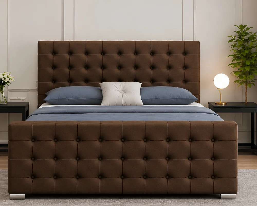 Classic Brown Florida 6ft Bed – 200×200cm with mattress Super King Luxury Tufted Headboard