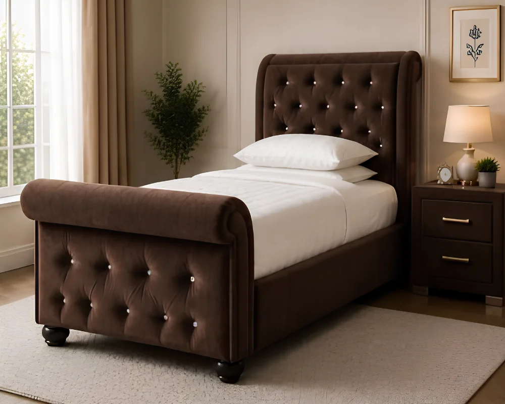 Contemporary Brown Sleigh Bed – Premium Upholstered Single Bed Frame with mattress - Image 2