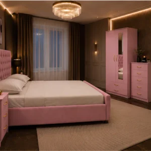 Contemporary Bedroom Suite - Double Bed - 2 Door Mirror Wardrobe With Bottom Drawer - Five Drawer Chest - Bedside Table Pair
