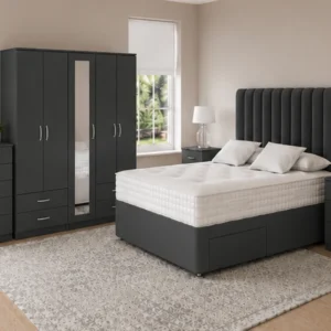 Complete Luxury Bedroom Suite – Double Bed with 5 Door Full Length Mirror Wardrobe, Chest of 5 Drawers & Two Bed Side Tables