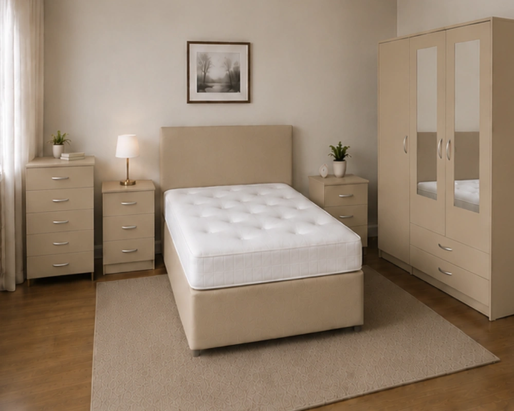 Modern Beige King Size Bedroom Furniture Set - 3 Door Wardrobe With Four Drawer - Chest of Five Drawers With Two Bed Side Table - Image 5