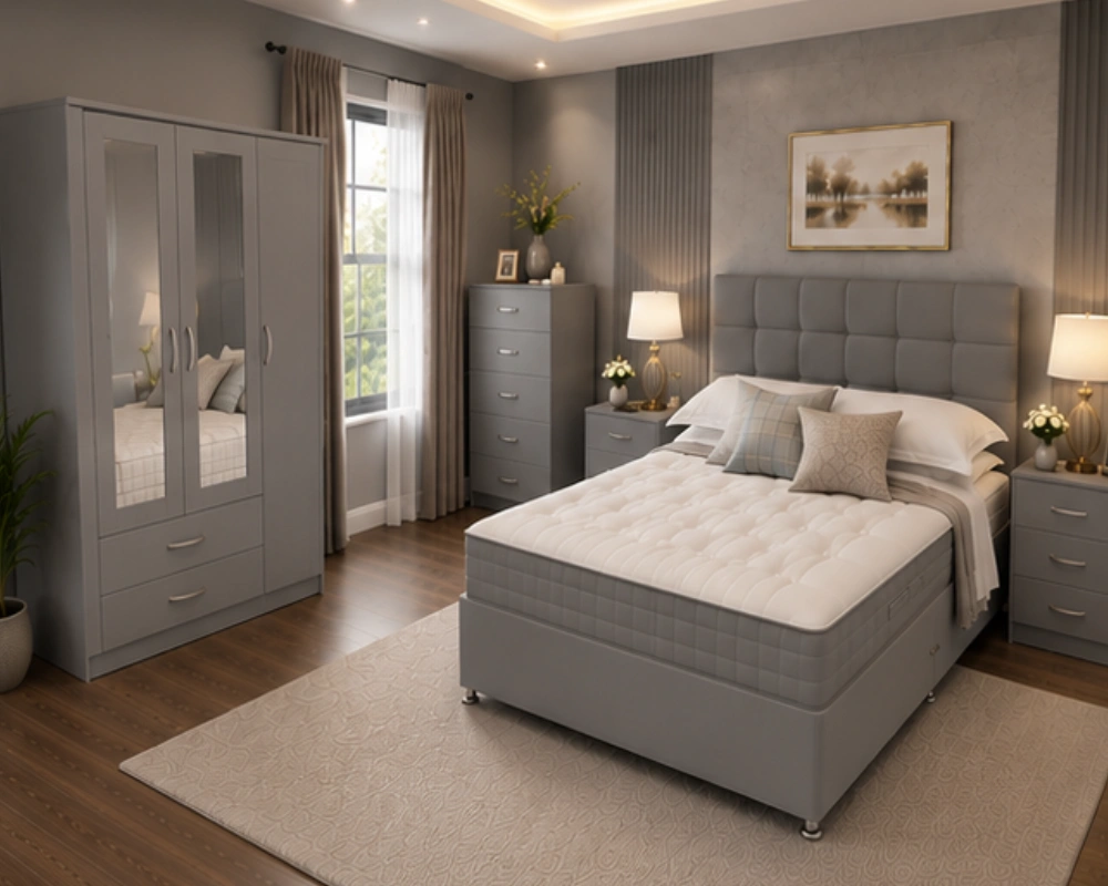 Spacious Luxury King Bed Set with Three Door Wardrobe With Four Drawer - Chest of Five Drawers With Two Bed Side Table - Image 2