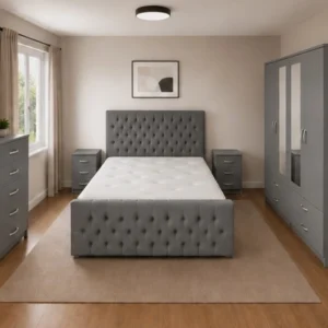 Double Bed Furniture Set - Four Door Wardrobe With Two Mirrors And Four Bottom Drawers - Chest of Five Drawers With Two Bed Side Tables
