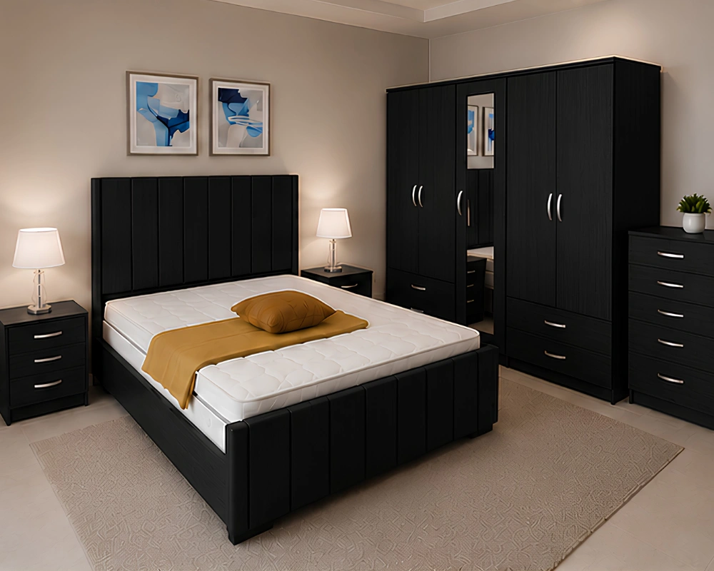Premium King Size Wooden Bedroom With Four Door Wardrobe With Four Drawer - Chest of Five Drawers With Two Bed Side Table - Image 2