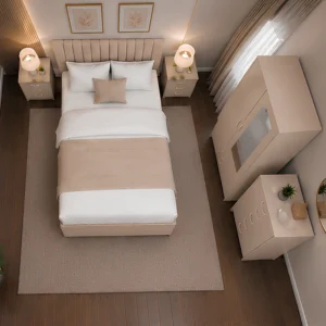 Complete Beige King Bedroom Furniture Collection - Bed, Wardrobe, Chest of Drawers & Side Tables