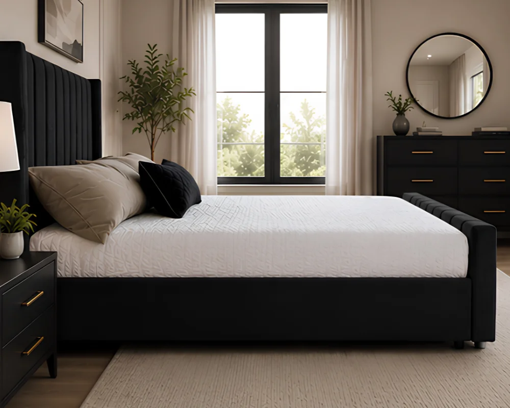 Black Double Size Bed – Modern Panel Wingback Double Bed with Mattress - Image 3