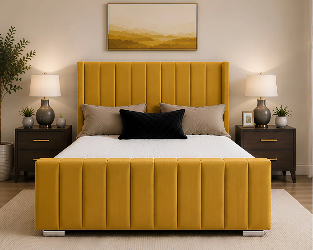 Gold Double Panel Bed – Panel Wingback Double Bed with Mattress – 160 x 200 cm