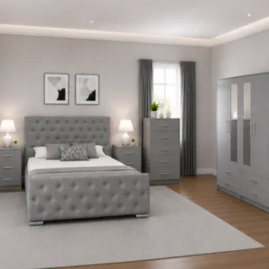 Modern Home Bedroom Set with King Size Bed, With FourDoor Wardrobe With Two Mirrors - Chest of Five Drawers With Two Bed Side Table