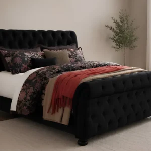 Black Velvet Sleigh King Size Bed - 180 × 200 cm Upholstered Bed with mattress