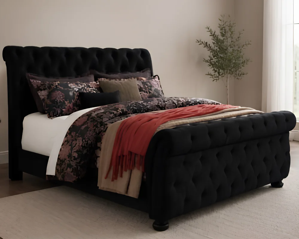 Black Velvet Sleigh King Size Bed - 180 × 200 cm Upholstered Bed with mattress