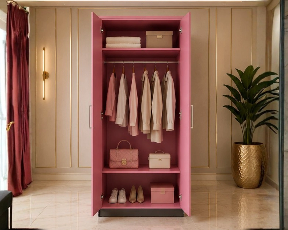 Pink 2 Door Wooden Wardrobe - Modern Bedroom Storage Cabinet - Image 3