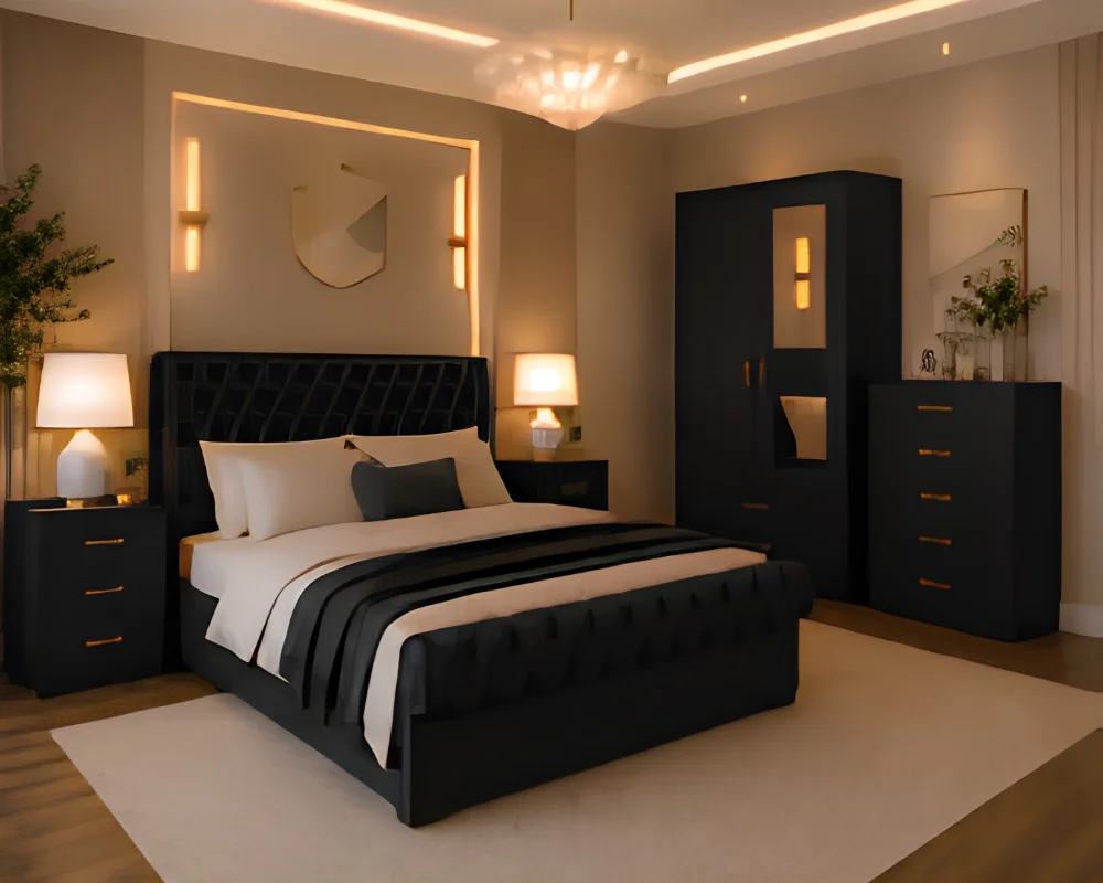 Complete Double Bed Package - 2 Door Mirror Wardrobe With Bottom Drawer - Five Drawer Chest - Bedside Table Set