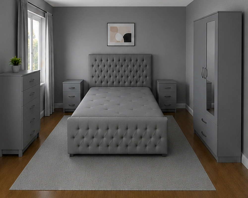 Classic King Size Bed Furniture Set - Two Door Wardrobe With One Mirror - Chest of Five Drawers With Two Bed Side Table - Image 4