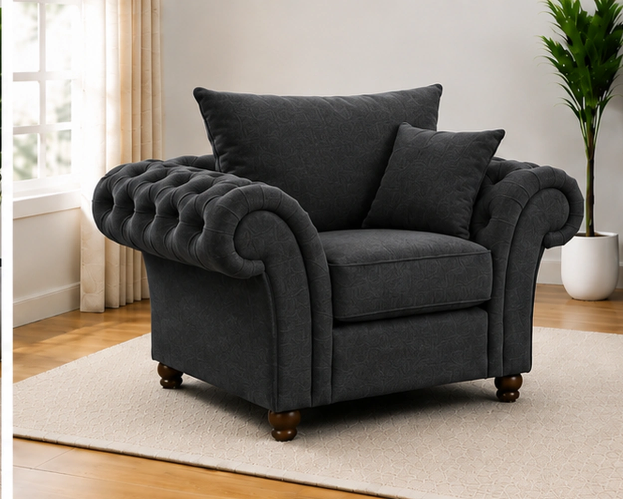 Luxury Dark Grey Nicole 1 Seater Sofa - Deep Button Tufted Armchair