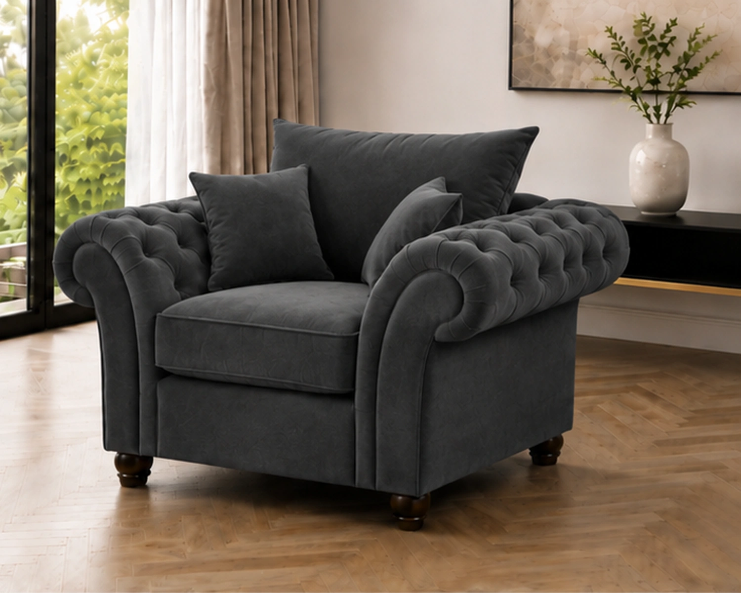 Luxury Dark Grey Nicole 1 Seater Sofa - Deep Button Tufted Armchair - Image 3