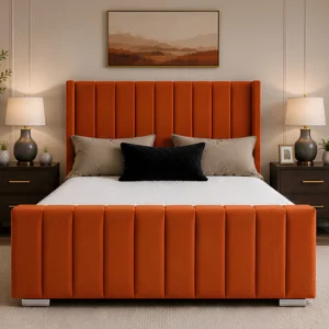 Orange Double Panel Bed – Stylish Wingback Double Bed with Mattress