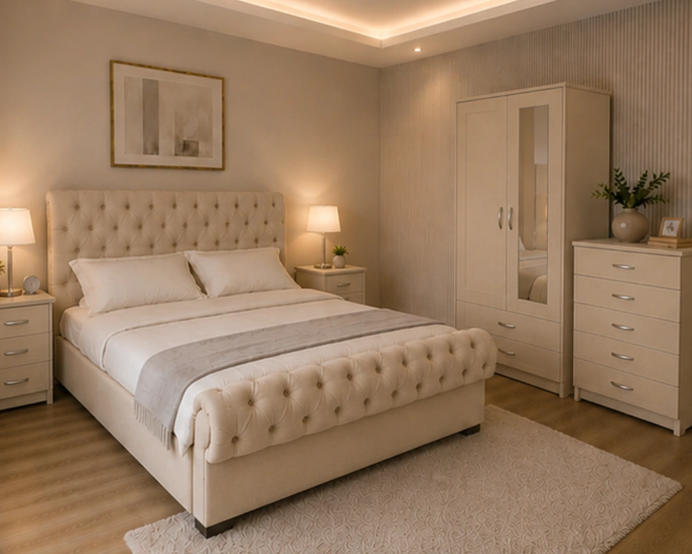 Space Saving Bedroom Set - King Size Bed - 2 Door Wardrobe With Mirror - Five Drawer Chest - Two Bedside Tables - Image 2