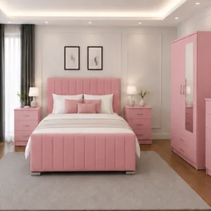 King Size Bed Home Furniture Package - 2 Door Mirror Wardrobe With Bottom Drawer - Chest of Five Drawers - Two Bedside Tables