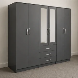 6 Door black Wardrobe with 3 Drawers & Double Mirrors – Modern Bedroom Storage Cabinet