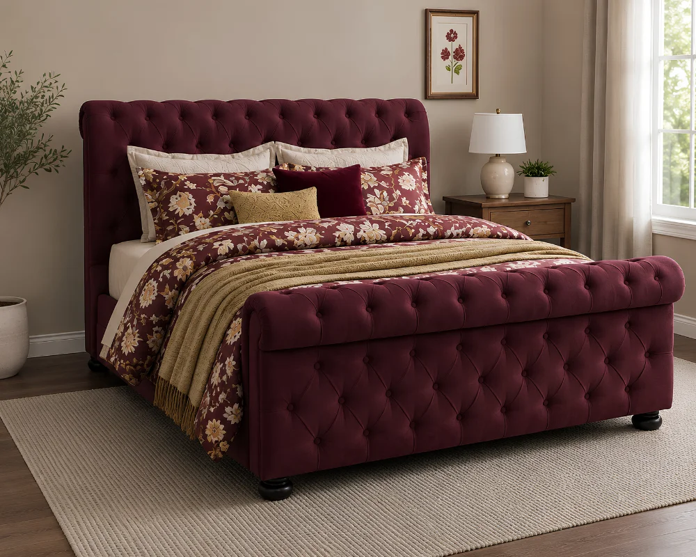 Luxury Burgundy King Size Sleigh Bed (5ft) – Button Tufted Bed Frame with mattress