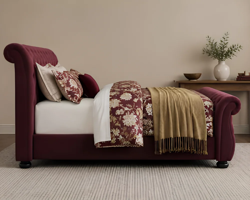 Modern Burgundy Sleigh Bed Frame 4ft6 - Luxury Double Bed - Double Bed with Mattress - Image 2
