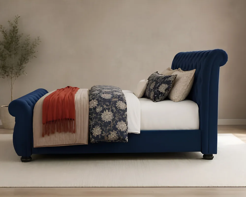 Elegant Deep Blue King Bed Frame-Luxury Sleigh Bed 180 × 200 cm with mattress - Image 3