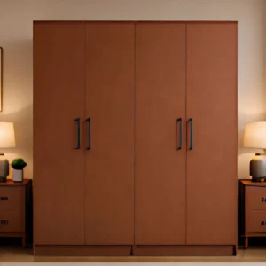 Rustic Walnut 4 Door Wardrobe – Modern Wooden Bedroom Storage Cabinet