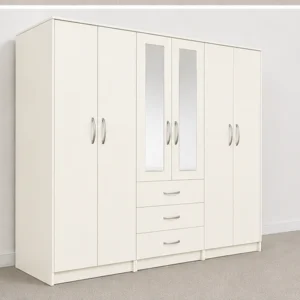 Modern 6 Door White Wardrobe with 3 Drawers & 2 Mirrors – Stylish Bedroom Wardrobe