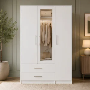Modern 3 Door Wardrobe with Mirror - 2 Drawers for Bedroom Storage