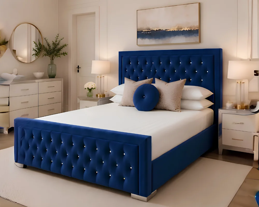 Deep Blue Hilton 6ft Bed with Mattress – 200 × 200 cm Stylish Super King Design