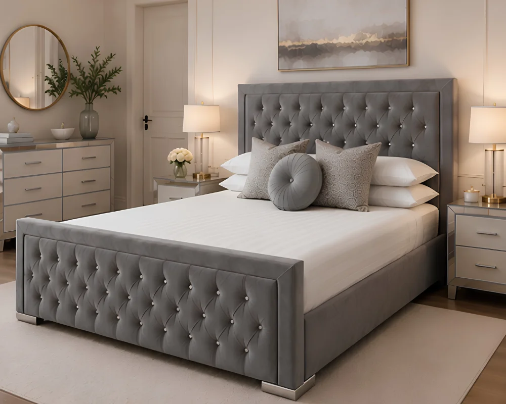 Modern Grey Hilton Upholstered Bed with mattress – Premium 160×200 cm Double Bed with Mattress - Image 2