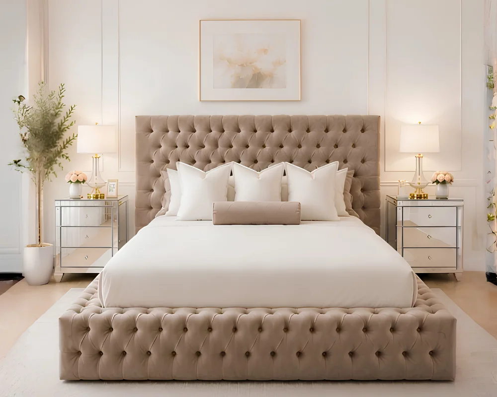 Classic Beige Ambassador Double Bed with Mattress-160 × 200 cm