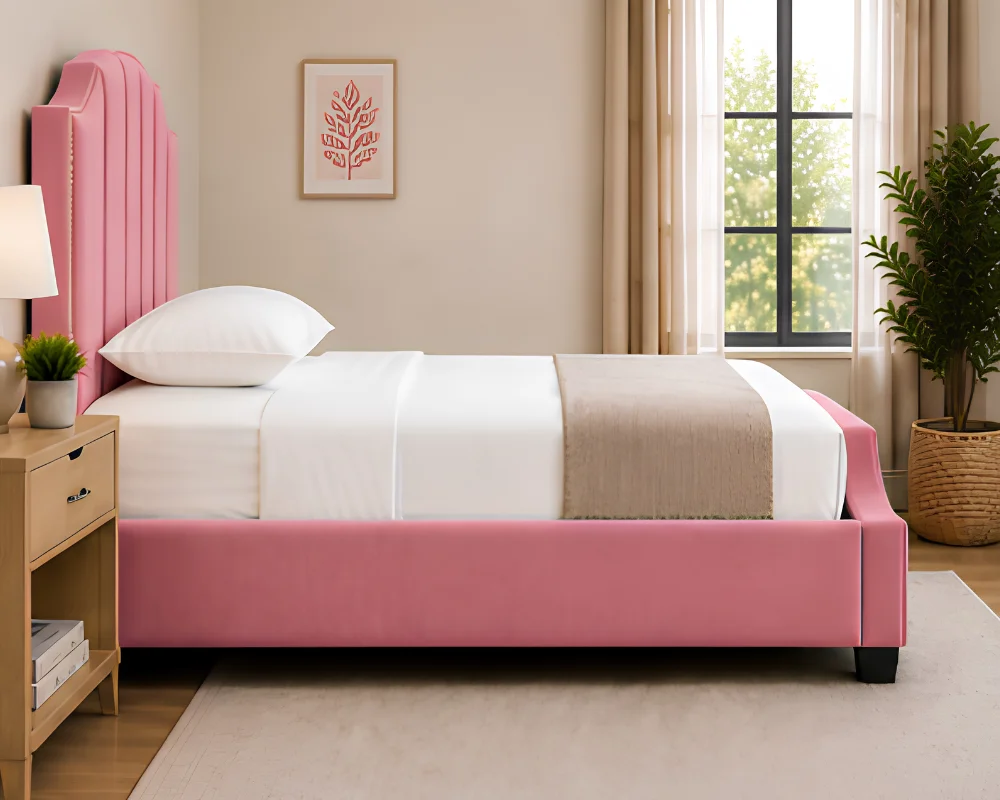 Arizona Blossom Pink Upholstered Single Bed with Vertical Panel Headboard (3ft)-Bed with Mattress - Image 3