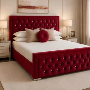 Crimson Red Hilton 5ft King Bed with mattress – Elegant Tufted Headboard with Mattress