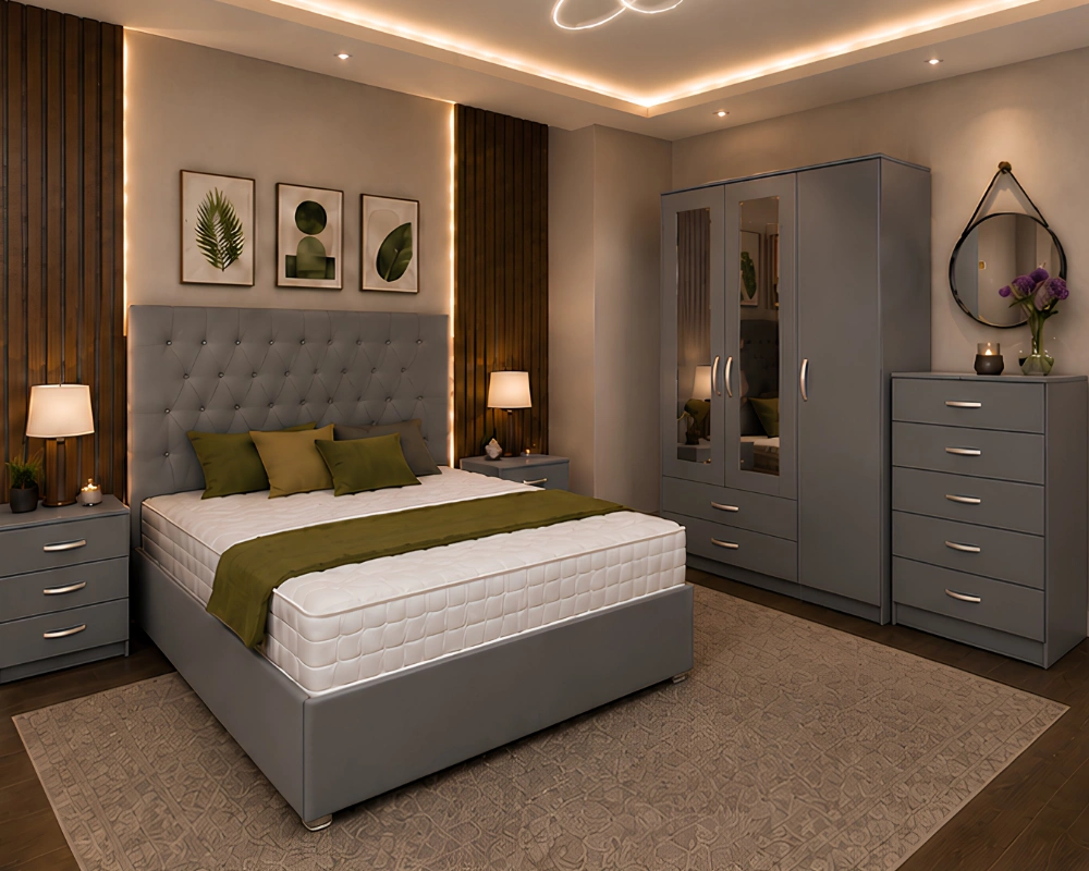 Premium King Size Bed Furniture Set – Three Door Wardrobe Featuring Two Half Mirrors, Two Bottom Drawers & Chest of Five Drawers - Image 4