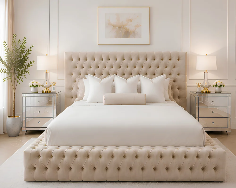 Stylish Cream Button-Tufted Double Bed with Mattress